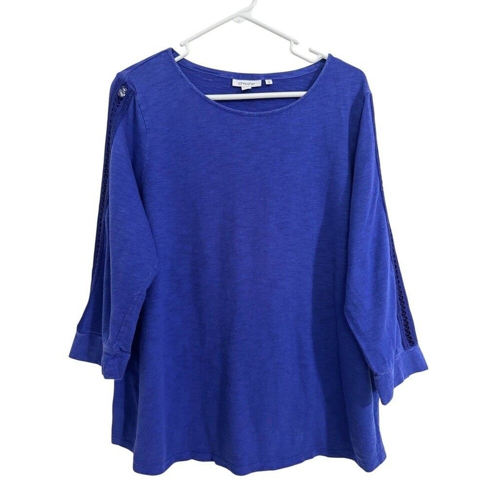 Chico's Top Women Size XL Blue Casual Top Crochet Lace 3/4 Sleeve